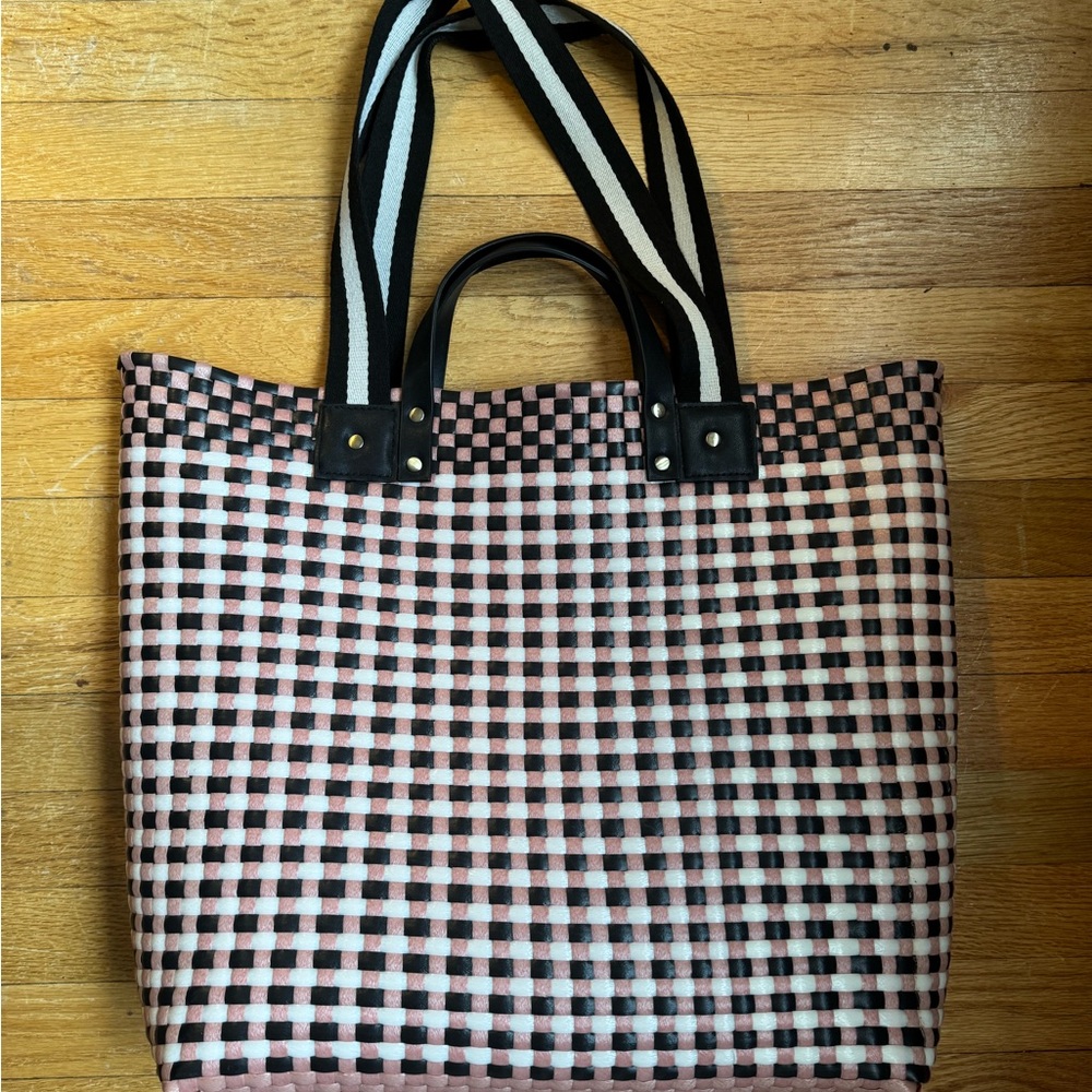 Anthropologie Pink and Black Checkered Tote Bag w mini bag